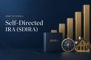 Self-Directed IRA (SDIRA) guide cover featuring retirement planning, alternative investments, real estate assets, and long-term wealth-building concepts in a premium institutional finance setting.