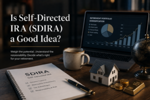 Self-Directed IRA (SDIRA) investment evaluation concept showing retirement planning, alternative assets, portfolio diversification, and long-term wealth-building in a professional institutional finance setting.