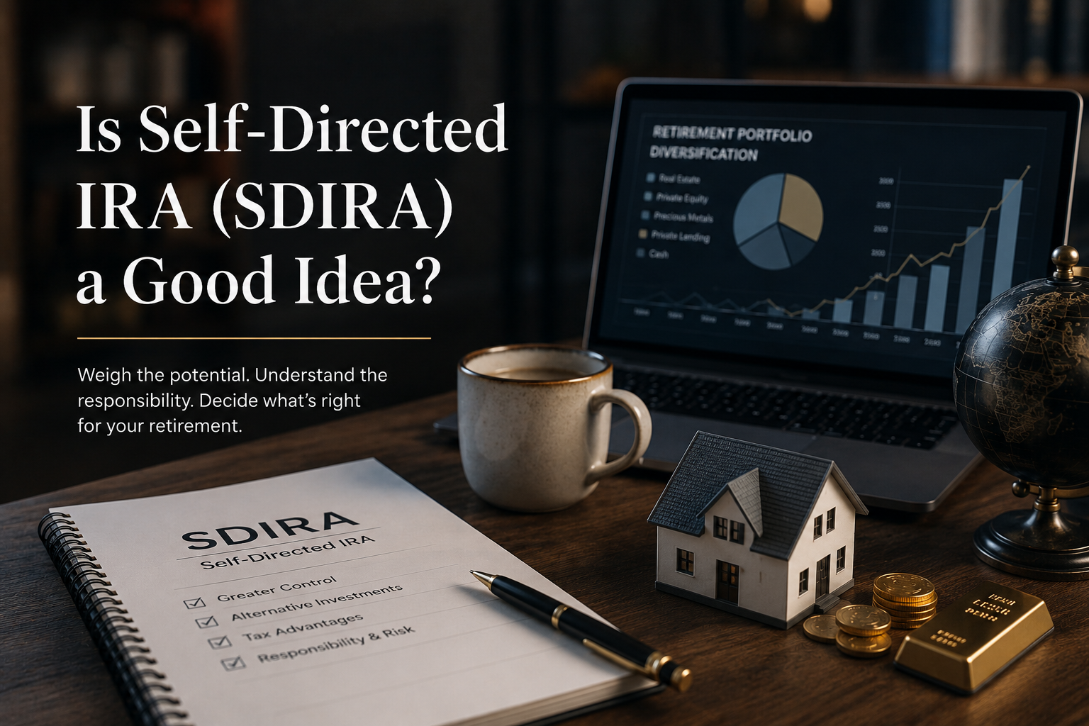Self-Directed IRA (SDIRA) investment evaluation concept showing retirement planning, alternative assets, portfolio diversification, and long-term wealth-building in a professional institutional finance setting.