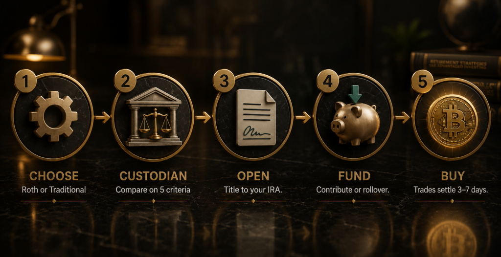 Five step process to open a self directed crypto IRA in 2026 choose account type, select custodian, open and title, fund, then buy crypto.