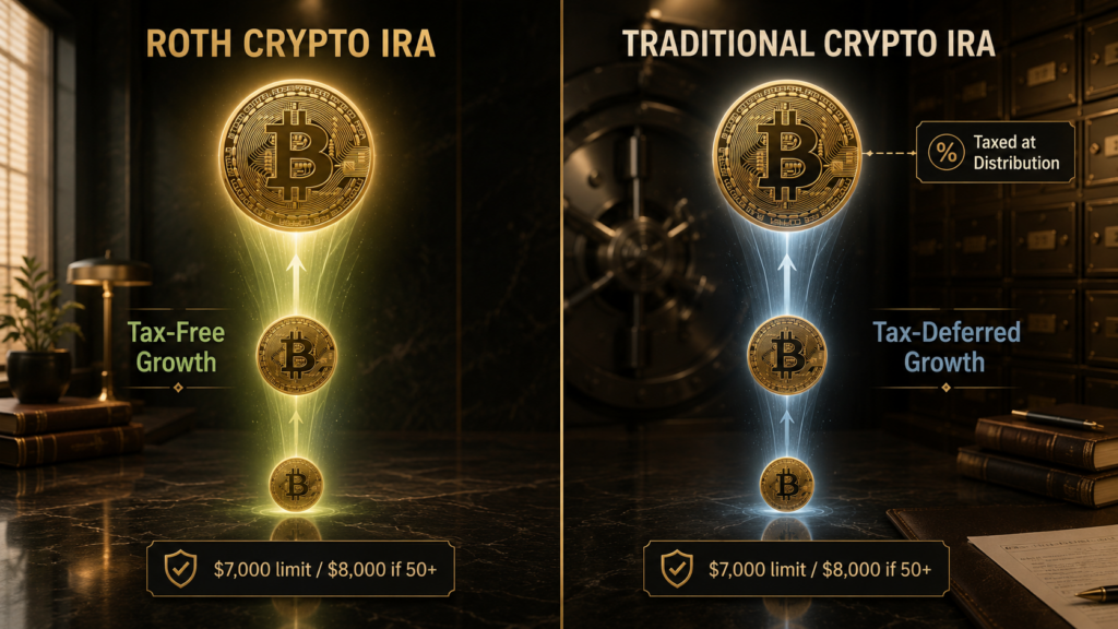 Side by side visual comparison of a Roth Crypto IRA (tax free growth) versus a Traditional Crypto IRA (tax deferred growth), with 2026 contribution limits.