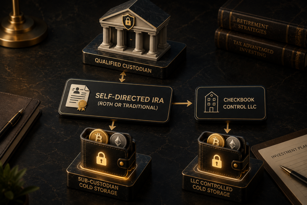 Three layer architecture of a self directed crypto IRA qualified custodian, the IRA legal account, and the sub custodian wallet, with the optional checkbook control LLC branch.